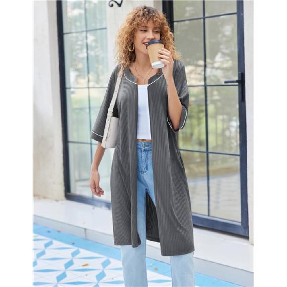 Women Robes Zipper Front 3/4 Sleeve Housecoat Zip Up Bathrobes - Picture 4 of 5